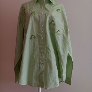 Las Olas Womens Button Down Shirt SZ L Green Stripe Frogs Applique Rhinestones